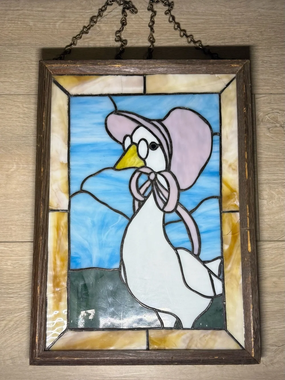 Vintage 1980s Hangable Stained Glass Art Goose Wearing Bonnet & Glasses